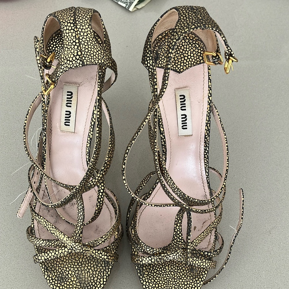 Gold/ black python Miu Miu strappy sandals. 4.5 inch heel.